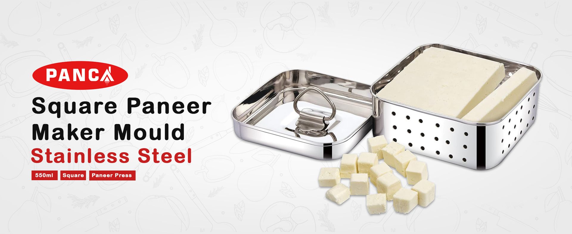 PANCA Stainless Steel Paneer Maker Mould Big Size, Paneer Press with Lid, Tofu Press Mould Maker, Whey Seperator (Square, 550ml Capacity)