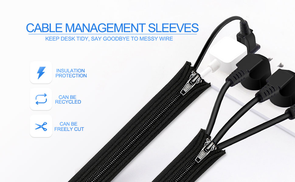 Cable Management Sleeve - 4 Cable Sleeve Cord Organizers - PC Cable Management Solution - Wires Sleeve Black