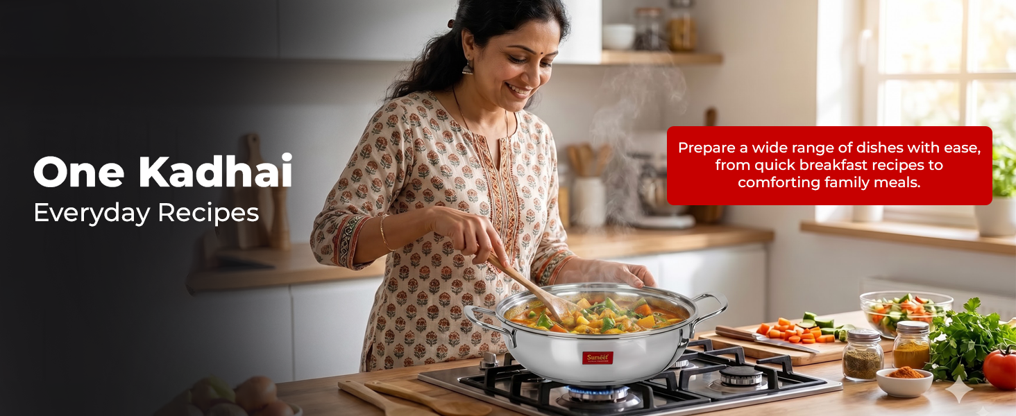 Sumeet Stainless Steel Induction Bottom (Encapsulated) Kadhai with Glass Lid Size No.14 (3 L, 25.2 x 25.2 x 8.6 Cm)