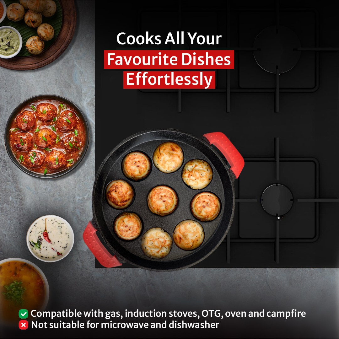 Pigeon Imperi Cast Iron Paniyaram/Appe Pan, 9 Pits, Free Silicone Grips, Pre-Seasoned,100% Toxin-Free, Naturally Nonstick, Paniyarakkal, Appam Patra, Paddu Maker,Strong & Durable, Gas & Induction