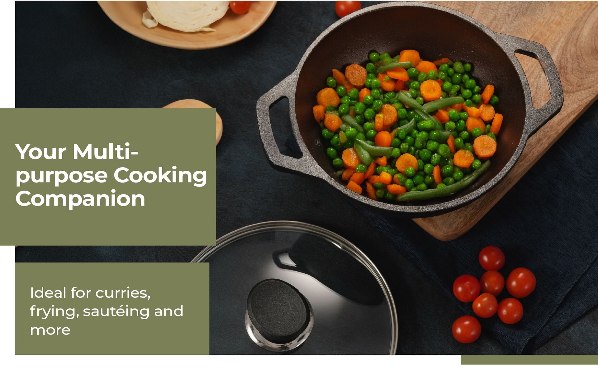 Lifelong Cast Iron Kadhai 24cm with Glass Lid & Wooden Spatula | 3.3L, 2.4kg | Pre-Seasoned, Even Heat Distribution, Toxin & Teflon Free, Non-Stick, & Durable | Gas & Induction Stovetop Compatible
