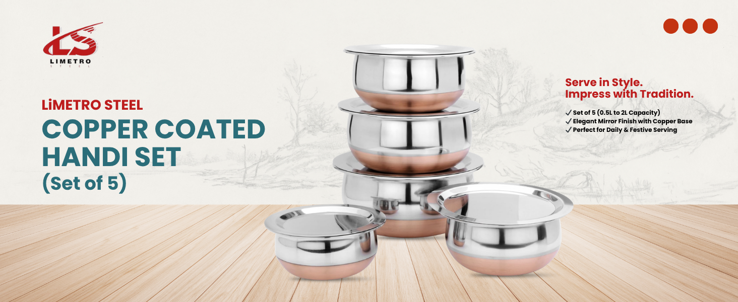 LIMETRO STEEL Stainless Steel Copper Coated Serving Set/Handi Set of 5 with Lids - (0.5 L, 0.75 L, 1 L, 1.5 L & 2 L)