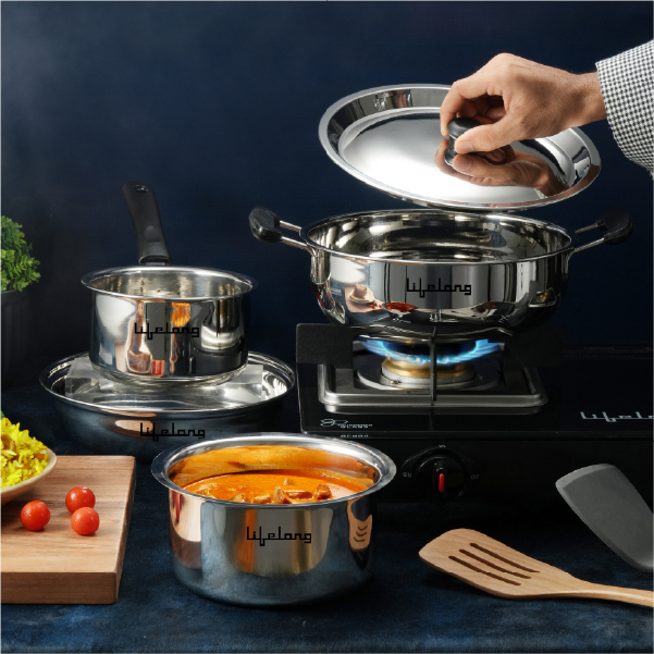 Lifelong 4 Pc Stainless Steel Cookware Set | 2.2L Kadhai with Lid 22cm | 1.4L Fry Pan 22cm | 1.2L Saucepan 14cm |1.4L Tope 16cm | Comes with Common Lid | Induction & Gas Compatible |Bakelite Handles