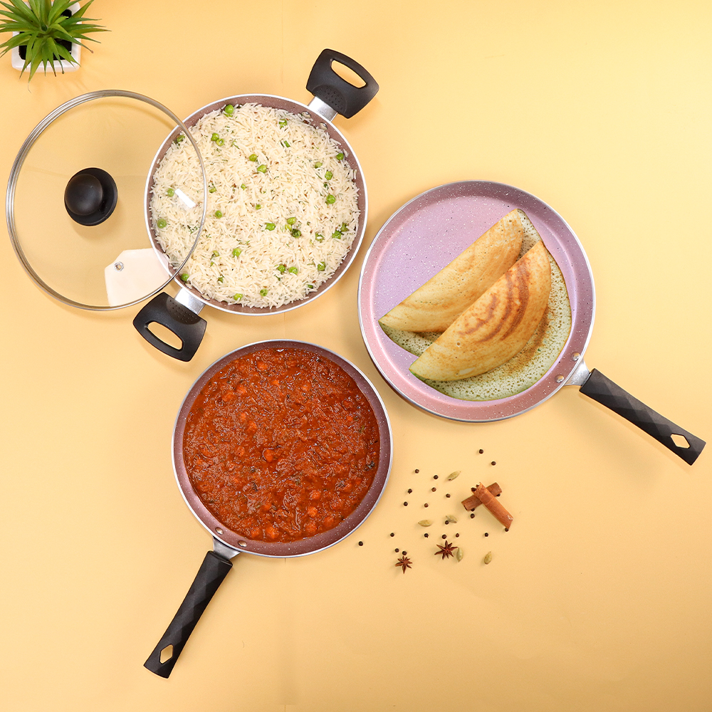 Wonderchef Valencia Non-Stick 4 Pc Cookware Set for Kitchen, Fry Pan 24cm, Kadhai with Glass Lid 24cm, Dosa Tawa 28cm, Non-Toxic PFOA Free, Gas Stove & Induction Friendly, 2-Yr Warranty, Purple