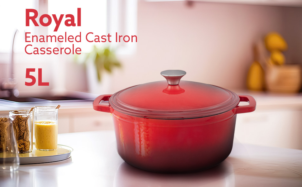 AGARO Royal Enamelled Cast Iron 5L Casserole with Lid, Cooking Pot, No Chemical Coating, Fast Heat, Heavy Weight, Gas & Induction Oven Compatible, for Meat, Dal, Curry, Biryani, Pulao, Red