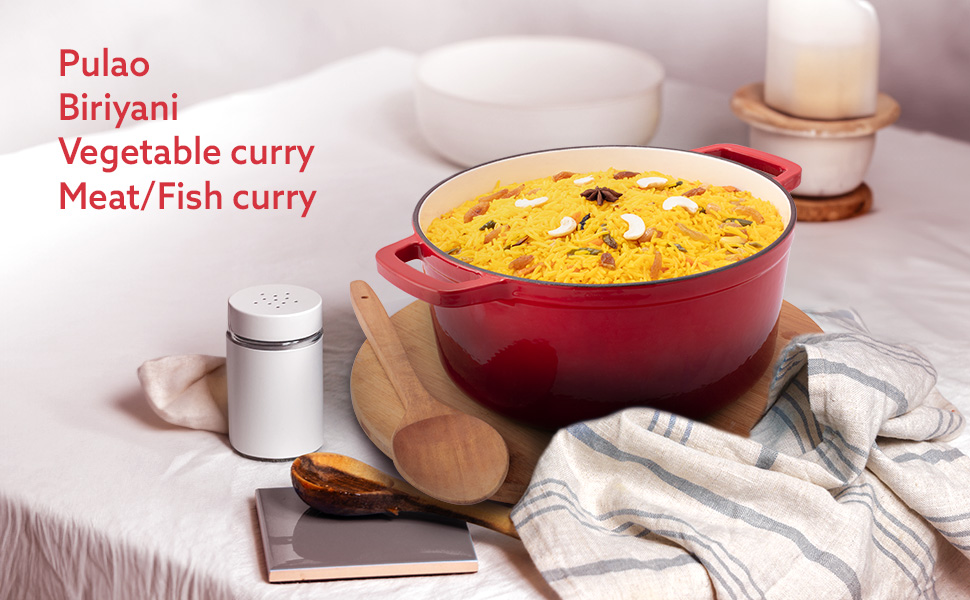 AGARO Royal Enamelled Cast Iron 5L Casserole with Lid, Cooking Pot, No Chemical Coating, Fast Heat, Heavy Weight, Gas & Induction Oven Compatible, for Meat, Dal, Curry, Biryani, Pulao, Red