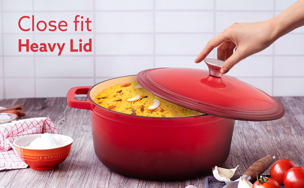 AGARO Royal Enamelled Cast Iron 5L Casserole with Lid, Cooking Pot, No Chemical Coating, Fast Heat, Heavy Weight, Gas & Induction Oven Compatible, for Meat, Dal, Curry, Biryani, Pulao, Red