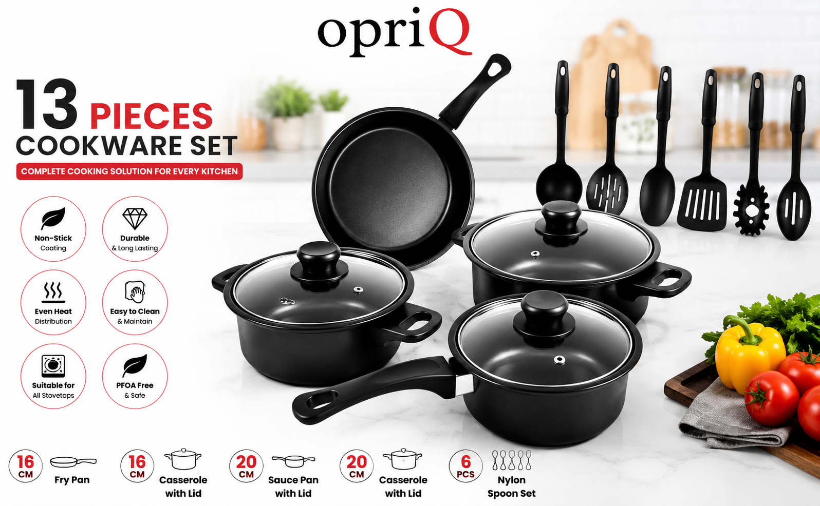 13pcs Non-Stick Iron Kitchen Cookware Set with Lids – Includes 1Pc Frying Pan, 2Pcs Casserole, 1Pc Sause Pan with 3 Lids & 6Pcs Ladle Set Induction Safe – Nylon Utensils – Beginner Cooking Set