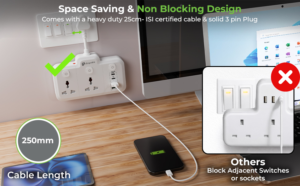 UltraProlink 6 in 1 Surge Extension Board |Device Safety with ISI Approved Heavy Duty Cable-25cm6 Ports-2 Fast Charge Type-C(PD 20W),2 USB-A Ports & 2 AC Sockets|3 Power Switches|Made in India|UM1272