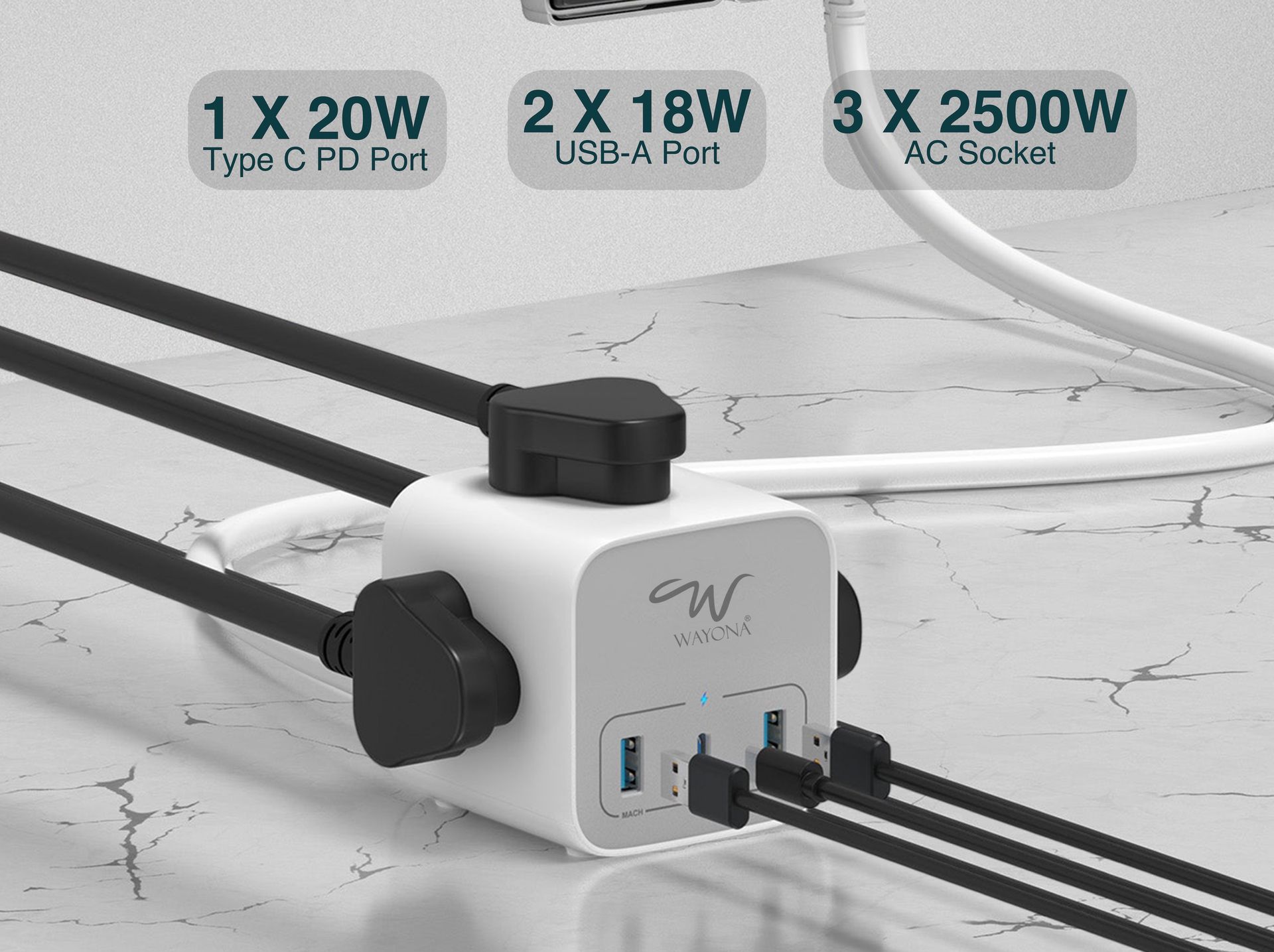 Wayona Power Strip Cube with 3 Universal Sockets PD USB C 20W and USB A Multiplug Extension Board