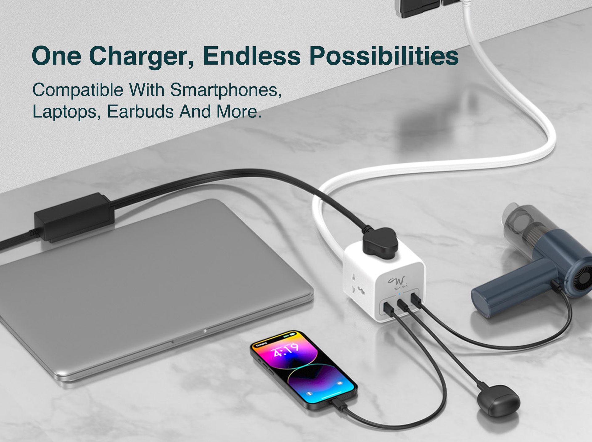 Wayona Power Strip Cube with 3 Universal Sockets PD USB C 20W and USB A Multiplug Extension Board