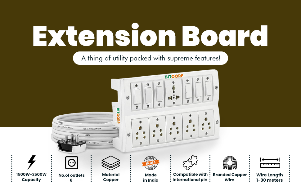 Bitcorp 2500W Power Strip, 6A Universal Extension Board with 6 Socket 6 Switch, Surge Protector, 1 Meter Cord for Home Gadgets, Office, Fridge, Cooler, Air Conditioner (White) 220V