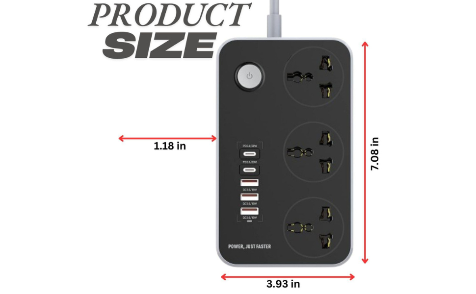 BIGXEN 2500W Universal Extension Board with 3 Power Sockets, 38W 4 USB Ports & 2 Fast-Charging Type-C Ports | 2 Meter Wire | Fire-Resistant Cord with Overload Protection | Home, Office & Travel – 1 Pc