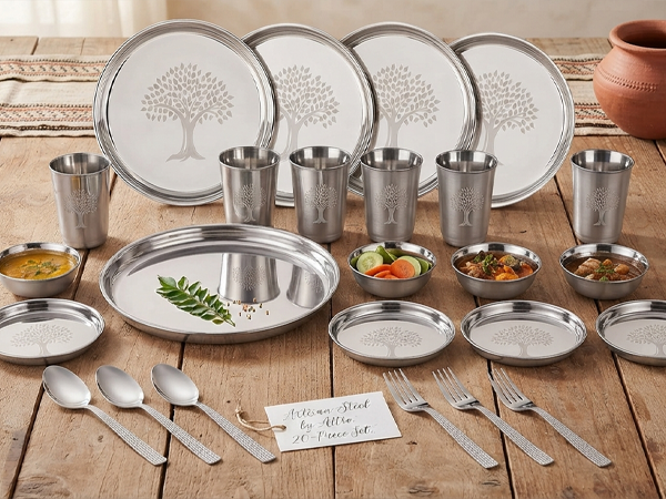 LIMETRO STEEL Stainless Steel Dinner Set for 4, 24-Piece Indian Thali Set with Plates, Bowls, Katori, Glasses, Spoons & Forks, Tree Design (Set of 24- Serves 4)