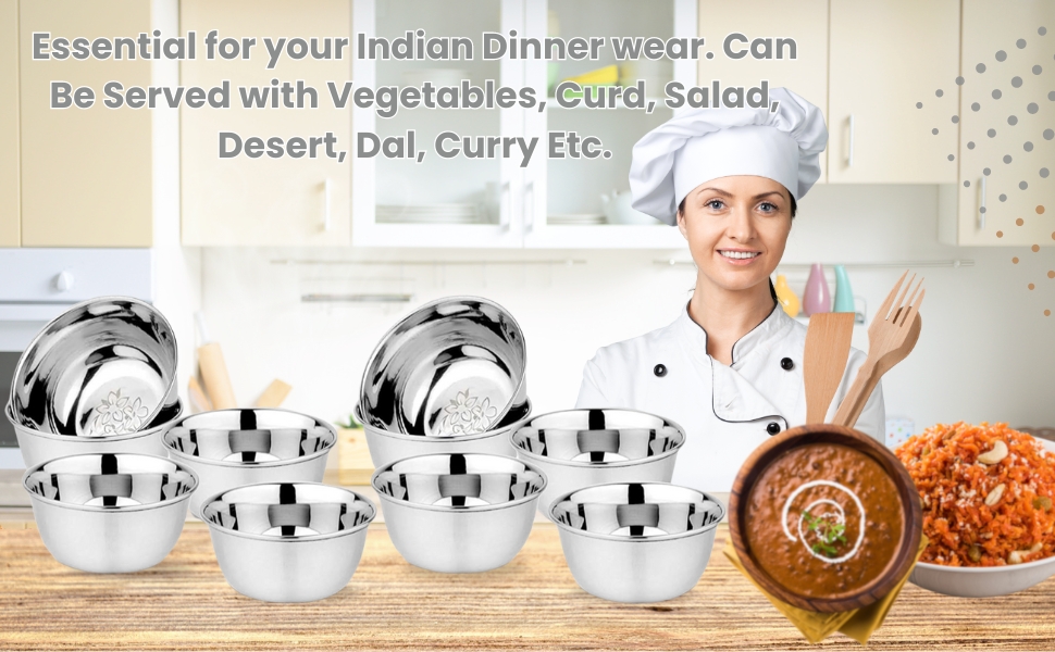 KC Stainless Steel Heavy Gauge Bowl/Wati Set With Mirror Finish And Flower Printed Design [10.5 Cm, Set Of 6 Piece], 200 ML