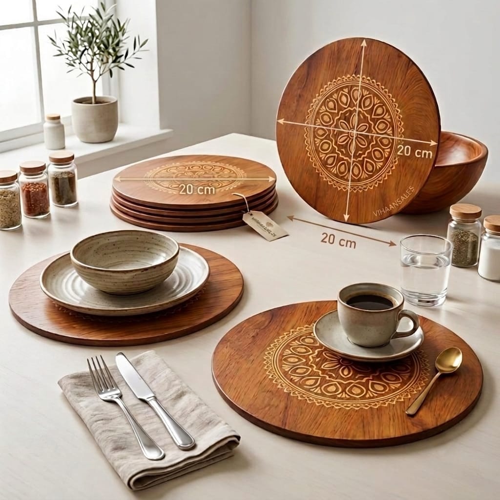 Round Wooden Trivet,Place Mate Set of 4 (20cm) |Bamboo Table Mats with Engraved Design | Heat Resistant Hot Pot Stand| Dining Table Protector | Wooden Coaster for Kitchen & Cookware (20x20 cm)