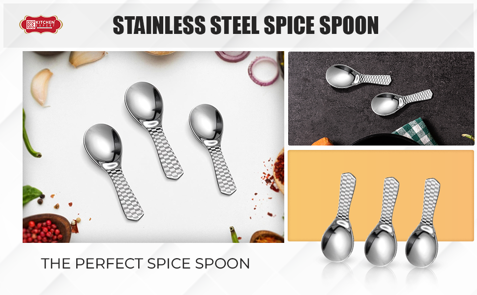 Kitchen Expert - Stainless Steel Masala Spoons | Heavy Guage | Mini Spoons for Tea/Sugar | Spices Spoon for Kitchen | for Small Containers | Spoon for Masala Dabba | Set of 6 | Silver Color