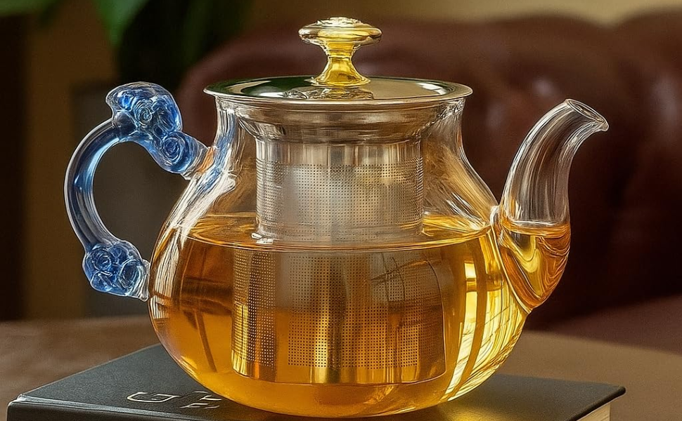 Glass Tea Pot with Stainless Steel Infuser Large Capacity Transparent Tea Kettle with Lid & Handle Great for Loose Leaf Tea, Blooming Tea, Tea Bags & Fruit Infused (450ml Tea Pot)