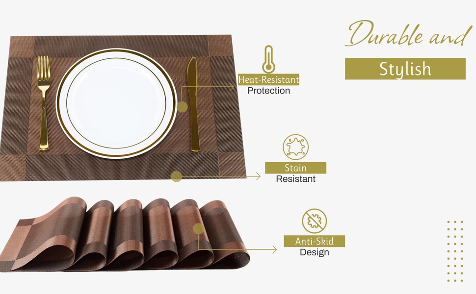 P-Plus International Placemats Place Mats for Kitchen Dining Table, Heat-Resistant StainAnti-Skid Washable PVC Table Mats,Vinyl Dinner Mats (Brown, 6 Pack)