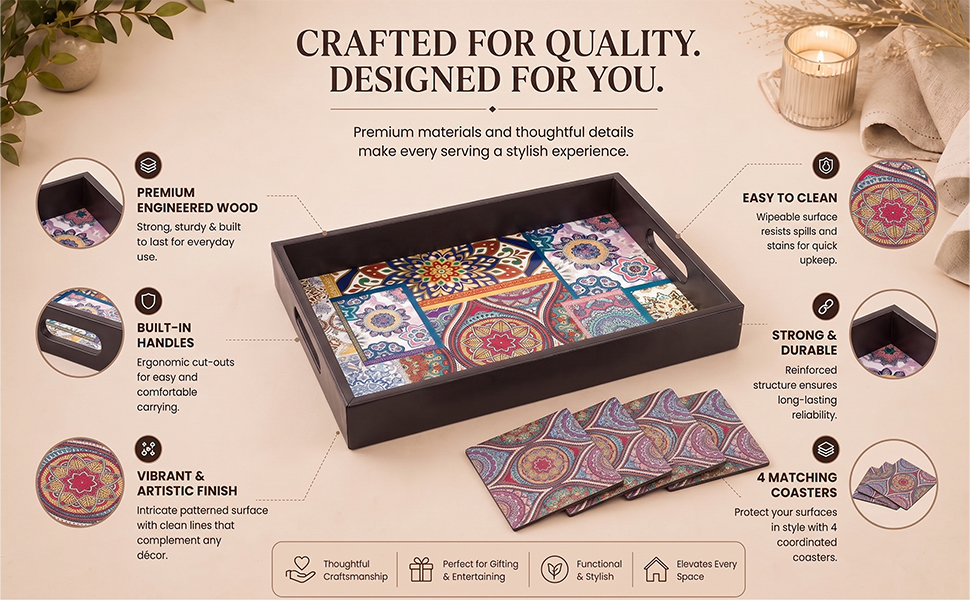 Birch & Co. Wooden Tray For Serving-Free 4 Coasters-10 Inch X 15 Inch-Serving Tray-Tray Set For Decoration-Tea Trays-Big Coffee Tray-Premium Mdf Trey-Wooden Serving Trays-Resin Tray,Round