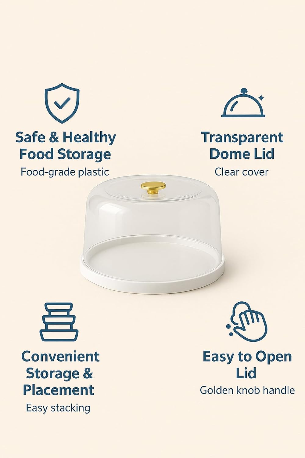 6x4 inch Round Cake Stand with Lid and Spatula, Clear Dome Display Cover for Fresh Presentations, Lightweight Reusable Plastic for Easy Transport, Gold-Accented Handle, Multicolour