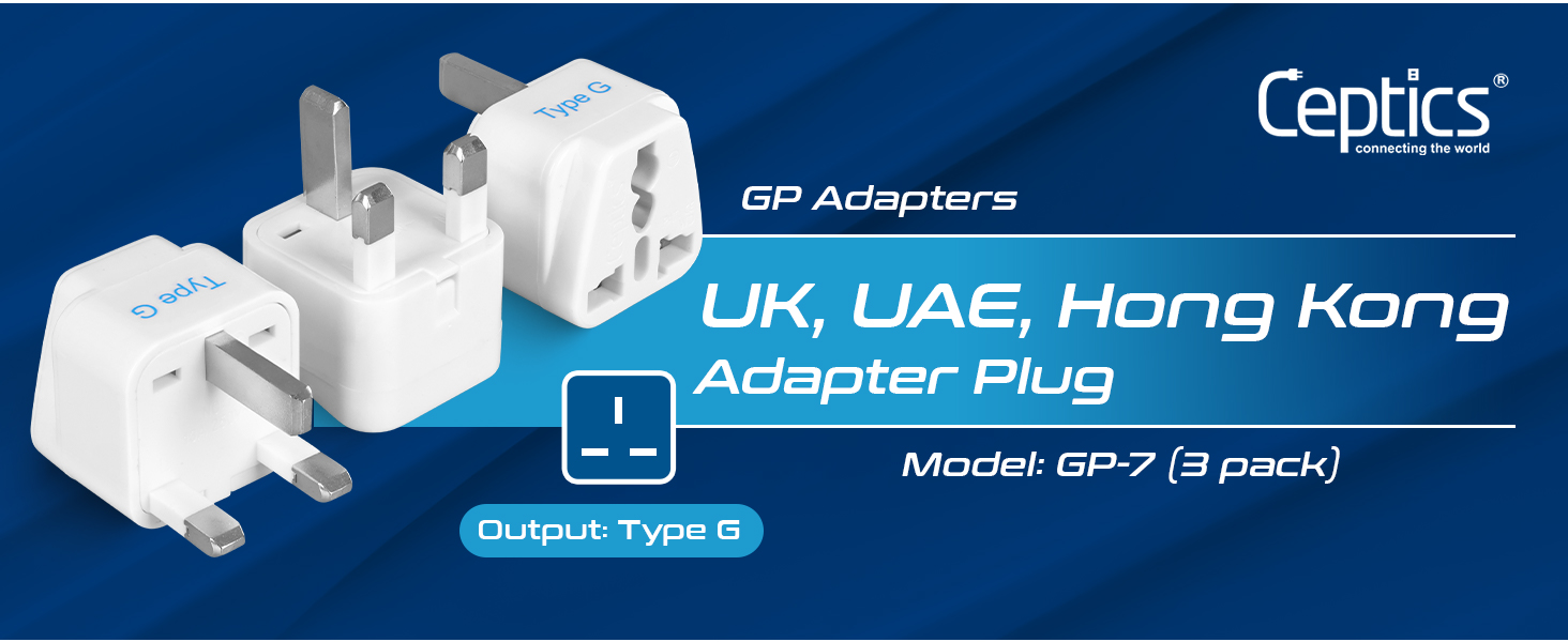 Ceptics UK Adapter for Indian Pins, India to UAE, Hong Kong, Dubai, UK Plug - Type G - Perfect for Laptop, Camera, Chargers - CE - RoHS - 3 Pack -White- Lifetime Limited Warranty