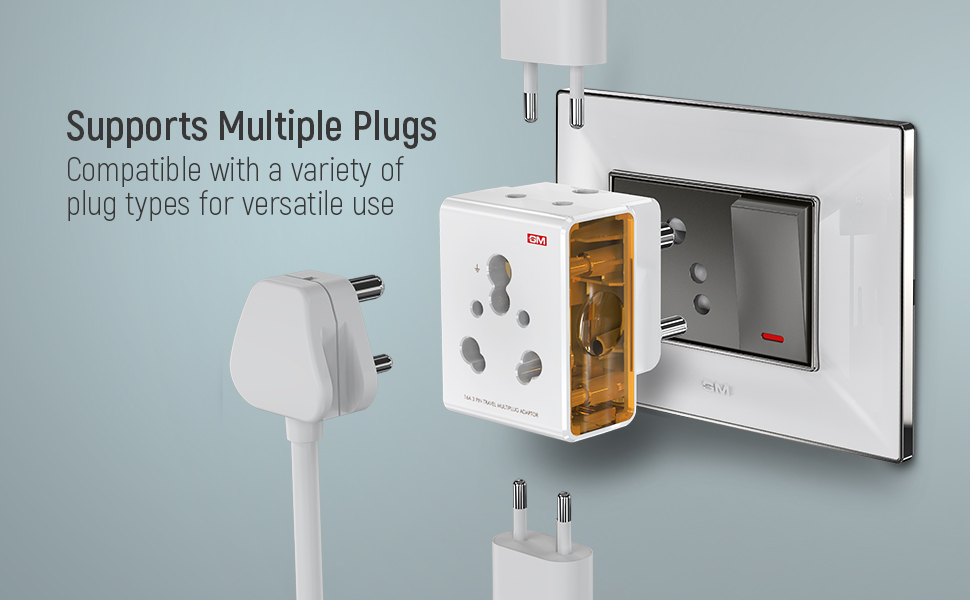 GM 3050 16 Amp 3 Pin Multi Plug Travel Adaptor - Universal Power Adapter Suitable for Class I & II Electrical Appliances, White