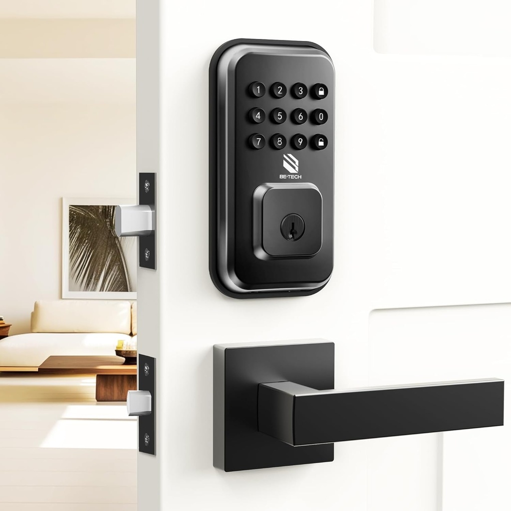 BE-TECH Keyless Entry Smart Door Lock with 2 Lever Handles, Electronic Front Door Locks Set, Digital Keypad Deadbolt, Auto Lock, One Time Codes, Anti Peeping Code, Easy Installation, Black
