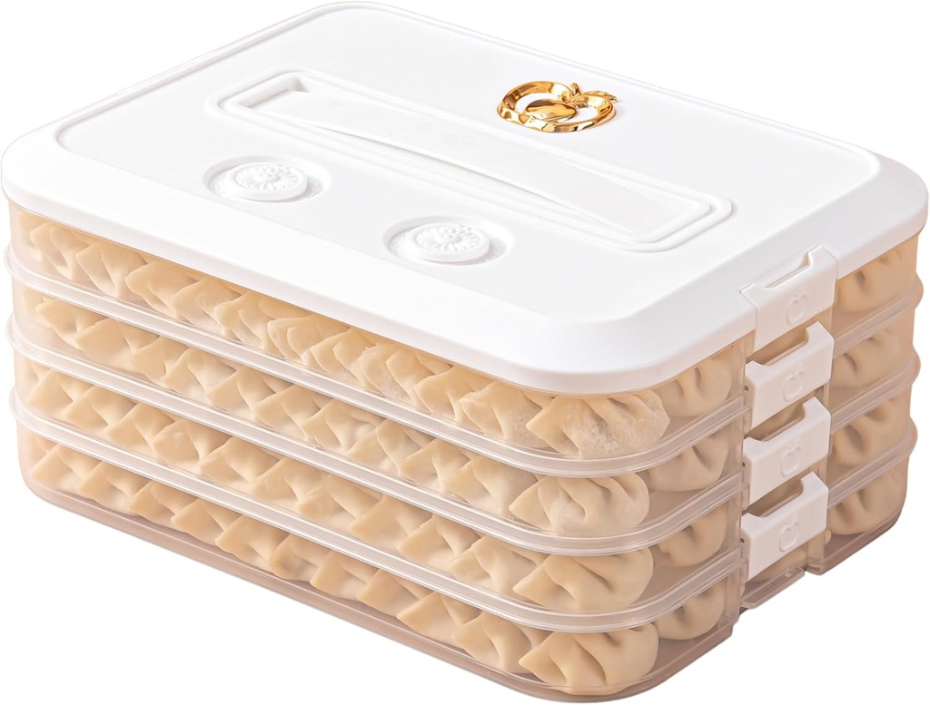 LOEZ 4-Layer Food Storage Container, Stackable Snack Container with Lid, Dumpling Box, Gyoza Container, Cookie Storage Containers, Good Sealing, Time Recoder (White)