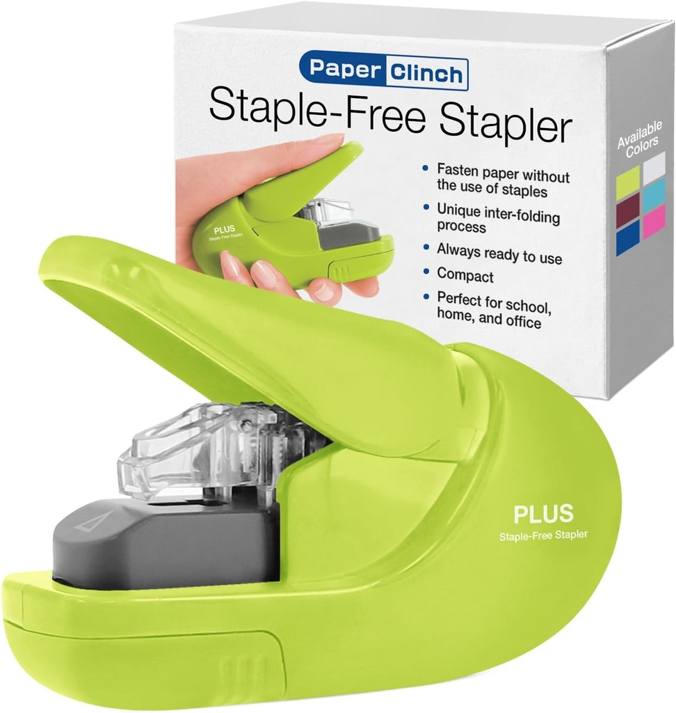 Plus Paper Clinch Compact Staple-Free Stapler, Green