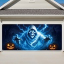 16 x 7 FT Halloween Ghost Skeleton Garage Door Cover Banner Backdrop Decorations - Spooky Blue Ghost with Lightning and Pumpkins Printed Hanging Garage Door Cover for Outdoor Patio Lawn Horror Décor