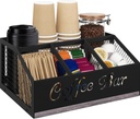 Coffee Bar Organizer for Countertop, Wooden Counter Station Organizer with Metal Mesh Basket, Coffee Bar Accessories Decor for Pods Condiment Syrup Tea Sugar, Gray