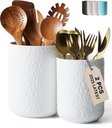 Set of 2 Utensil Holder, 7"+5" Ceramic Kitchen Utensil Holder for Countertop, Large Cooking Utensil Crocks for Counter, Morden Utensil Organizer for Spatula, Kitchen Decor (White)