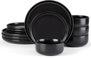 E-far Stoneware Dinnerware Sets for 4, 12-Piece Plates and Bowls Set, Modern Ceramic Dishes Dinning Ware, Microwave & Dishwasher Safe - Matte Black