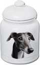 Best of Breed Greyhound Grey Dog and Cat Ceramic Treat Jar 9" Tall Air Tight Seal All White