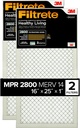 Filtrete 16x25x1 Air Filter, MPR 2800, MERV 14, Healthy Living Ultrafine Particle Reduction 3-Month Pleated 1-Inch Air Filters, 2 Filters, White