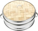 Bun Steamer Food Steamer with Bamboo Lid Stainless Steel for Cooking Vegetables and Dumplings Dim Sum Chicken Veggies Stainless Steel Steaming Basket (Color : 22cm, Size : 34X30X14CM)