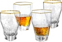 G Hammered Hexagon Whiskey Glasses Short Trumpet Gold Rim Highball Glass Set of 4, 13.4 oz Old Fashioned Crystal Bourbon Glasses Scotch Cocktail, Bar Tumbler Wine Glasses(Mixed)