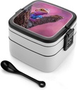 Lizard on The Branch Bento Box - Double Layer, Leakproof Food Containers with Partition & Spoon, Stackable Lunch Box for Office, Travel, Camping