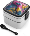 All-in-One Bento Box Stackable Leak-Proof Lunch Box With Carry Handle 2 Layer Portable Meal Prep Container Fluid Paint Lunchbox with Utensils for Dining Out Work