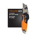 Fiskars Pro Retractable Folding Utility Knife, Box Cutter with Long-Lasting CarbonMax Razor Blade and Dual Lock Safety, Orange/Black