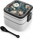 Blue And Light White Bento Box - Double Layer, Leakproof Food Containers with Partition & Spoon, Stackable Lunch Box for Office, Travel, Camping