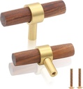 Uenhoy 2 Pack Wood T Knobs Wood Cabinet Pulls Handles 2.36"/60mm Walnut Cabinet Pulls Gold Brass Base Single Hole Drawer Pulls