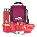 MILTON Pro Lunch Box med stål Cutlery, 3 Microwave Safe Inner Steel Containers (180 ml, 320 ml, 450 ml), Plastic Chutney Dabba,100 ml, flaska, 750 ml med isolerad väska, Office Tiffin, Maroon