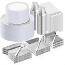 700PCS Silver Plastic Dinnerware Set for 100 Guests, Disposable Plates for Party, Include 100 Dinner Plates, 100 Dessert Plates, 100 Set Silver Silverware, 100 Cups, 100 Napkins