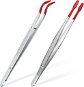 2 Piece Tweezers with Rubber Tips Set - Bent and Straight Flat Tips Tweezers PVC Coated for Stamp Coins Jewelry Crafts, Electronics(Silver, Red)