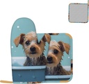 2 pcs Oven Mitts and Pot Holders Set Funny Dog in Bathtub Oven Mitt Heat Resistant Oven Gloves for Cooking Non-Slip Hot Pads Washable Cooking Gloves for Baking BBQ Microwave