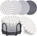 Mckanti 8 Pcs Drink Coasters with Holder, 4 Colors Absorbent Coasters, Minimalist Cotton Woven Coaster Set for Living Room Decor, Tabletop Protection Suitable for Kinds of Cups, 4.3 Inches