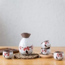 Japanese Sake Set, Ceramic Wine Set, Cat Design (4 Cups, a Pot)