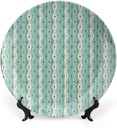 6 Inch Decorative Plate,Turquoise Ceramic Stoneware, Traditional Polka Dots Vertical Lines Hand Drawn Print Ornament Display Plate Decor Accessory for Dining, Parties, Wedding, Turquoise Brown Cream
